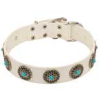 Exclusive White Leather Dog Collar with Blue Stones