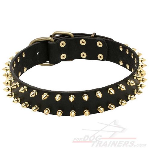 Spiked Dog Collar of Natural Thick Leather for Tibetian Mastiff