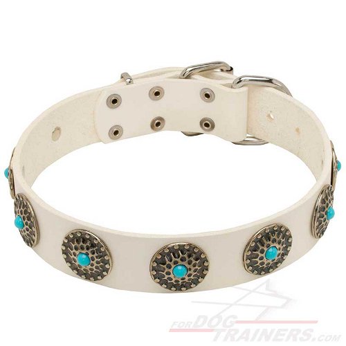 Exclusive White Leather Dog Collar with Blue Stones