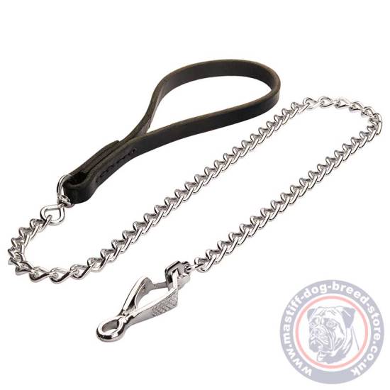 Dog Chain Lead with Sprenger Snap Hook and Soft Leather Handle
